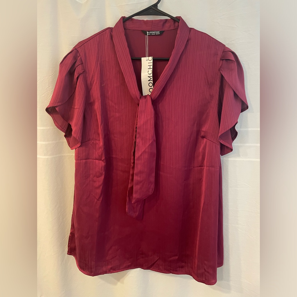 Bloomchic Burgundy Solid Textured Tie Neck Petal Sleeve Blouse